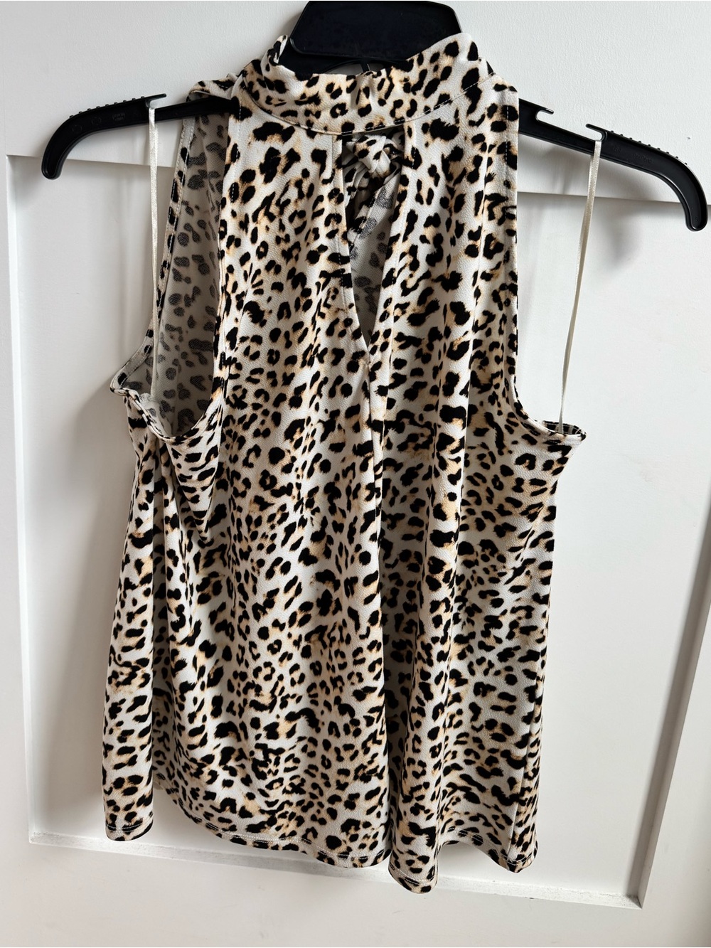 Women’s Leopard Print Mock Neck Halter. Cream/Black. Ties Behind Neck.